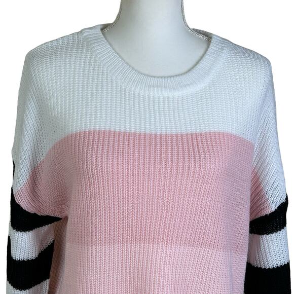 Zesica Sweater Women Medium Loose Knit Color Block Pink White Black Stripes - Picture 6 of 11